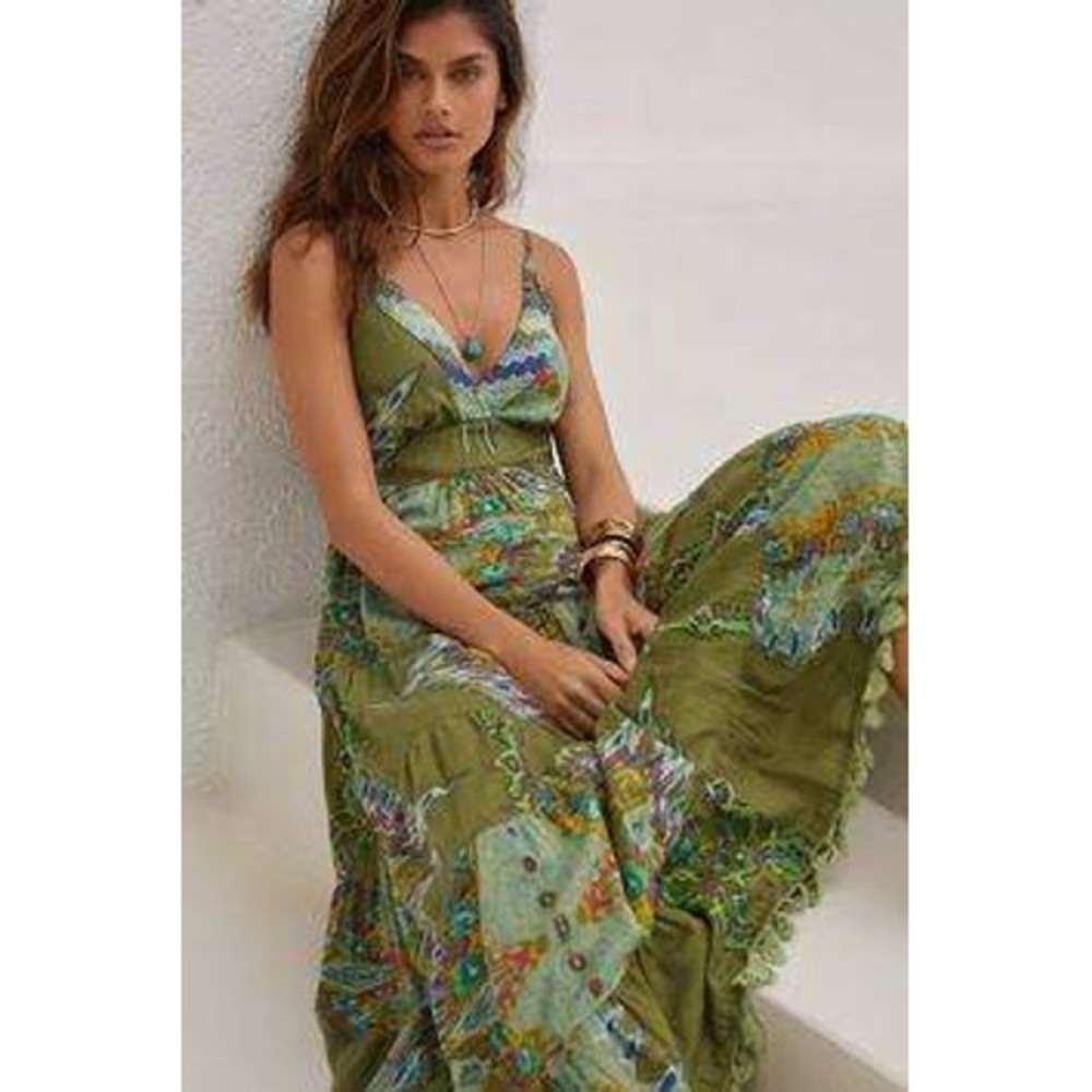 Barok Dress NJ Couture Paris Green Patchwork Beaded Tassel Cotton Maxi Large